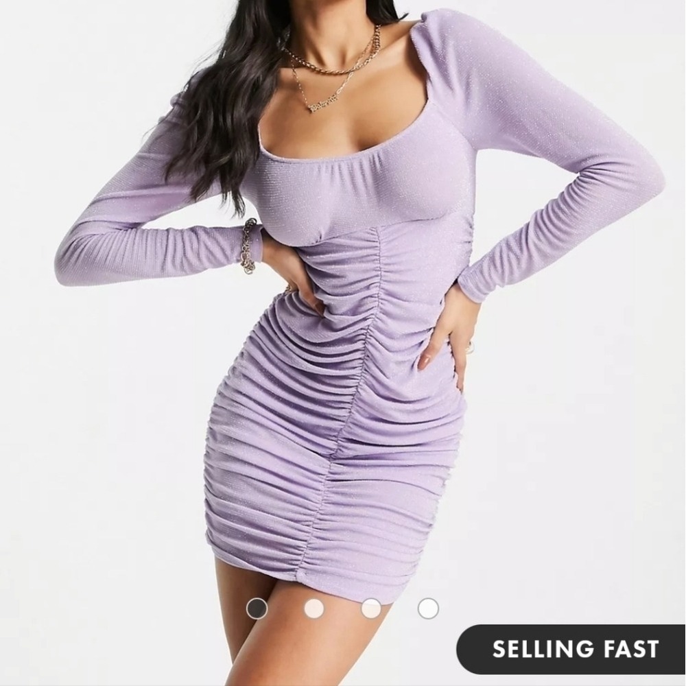 NWT Asos lurex and lilac ruched puff shoulder long sleeve‎ mini dress